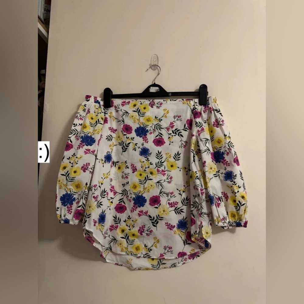 Floral Off-Shoulder Blouse - White with Pink, Yellow & Blue Flowers